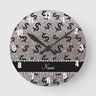 Personalised name silver glitter dollar signs round clock