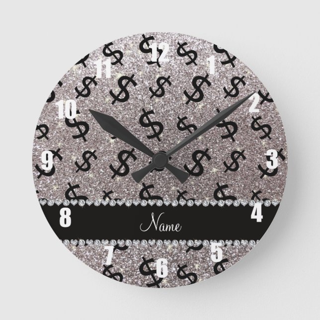 Personalised name silver glitter dollar signs round clock (Front)
