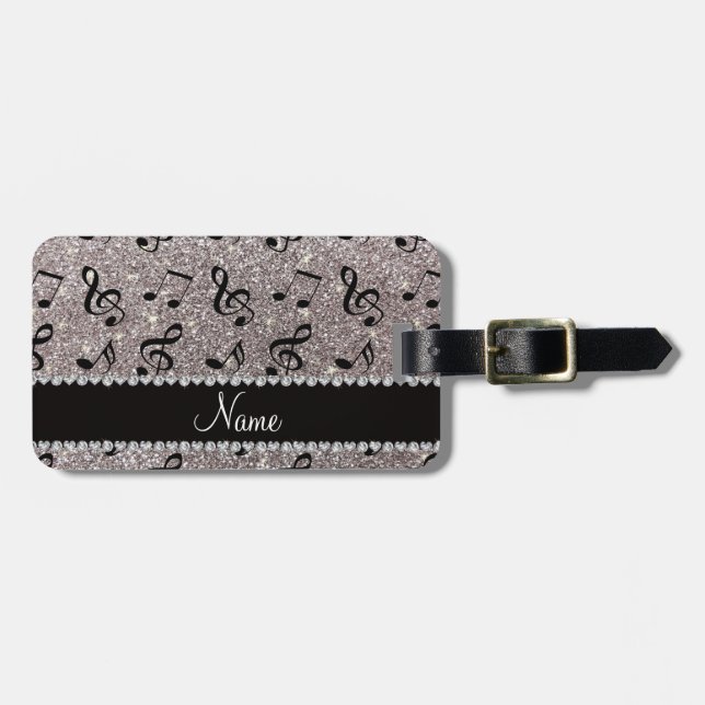Personalised name silver glitter music notes luggage tag (Front Horizontal)