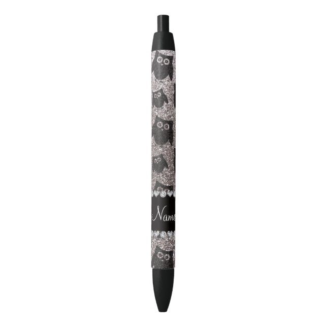 Personalised name silver glitter owls black ink pen (Front Vertical)