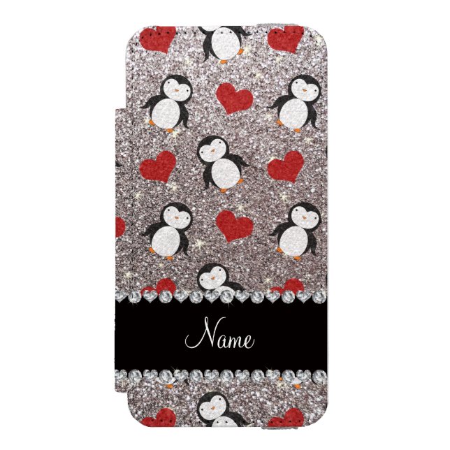 Personalised name silver glitter penguins hearts incipio iPhone wallet case (Folio Front)
