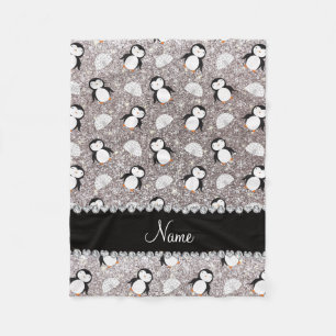 Personalised name silver glitter penguins igloos fleece blanket