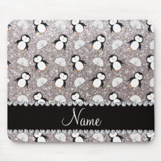 Personalised name silver glitter penguins igloos mouse pad