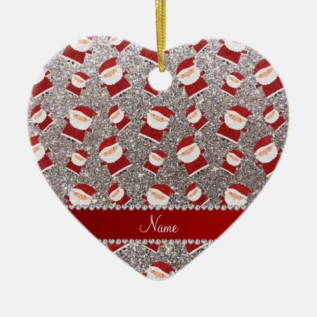 Personalised name silver glitter santas ceramic tree decoration (Front)