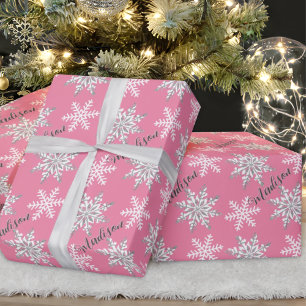 Personalised Name Silver Snowflake Pink Gift Wrapping Paper