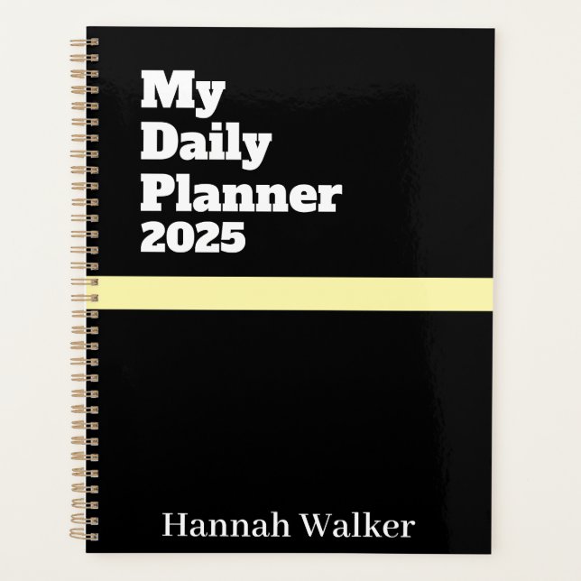 Personalised Name Simple Modern Stylish 2025 Black Planner (Front)