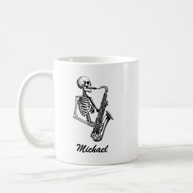 Personalised Name Skeleton Saxophone Music Lover Coffee Mug (Left)