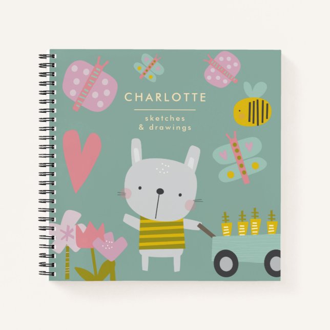 Personalised Name Sketchbook Playful Floral Bunny Notebook (Front)