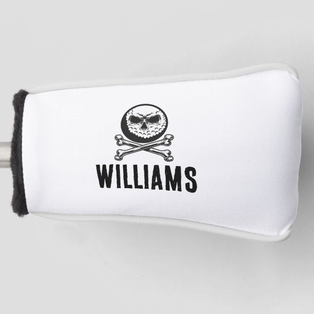 Personalised Name Skull Golf Ball And Crossbones Head Cover (Front)