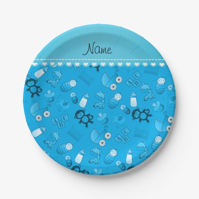 Personalised name sky blue baby animals paper plate (Front)