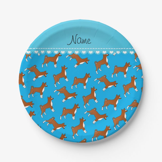 Personalised name sky blue basenji dogs paper plate (Front)