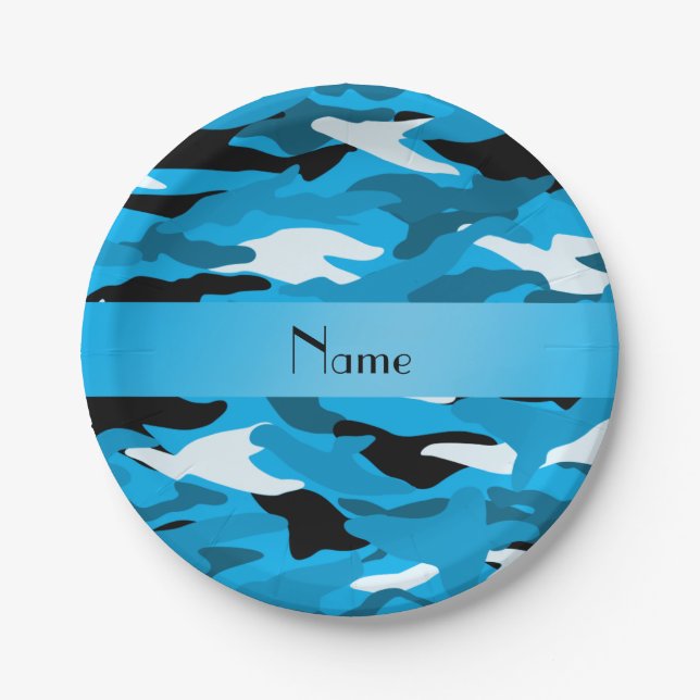 Personalised name sky blue camouflage paper plate (Front)
