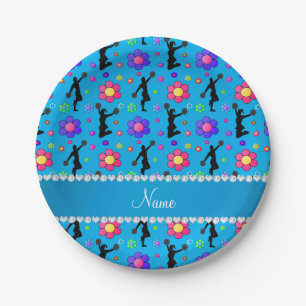 Personalised name sky blue cheerleading flowers paper plate