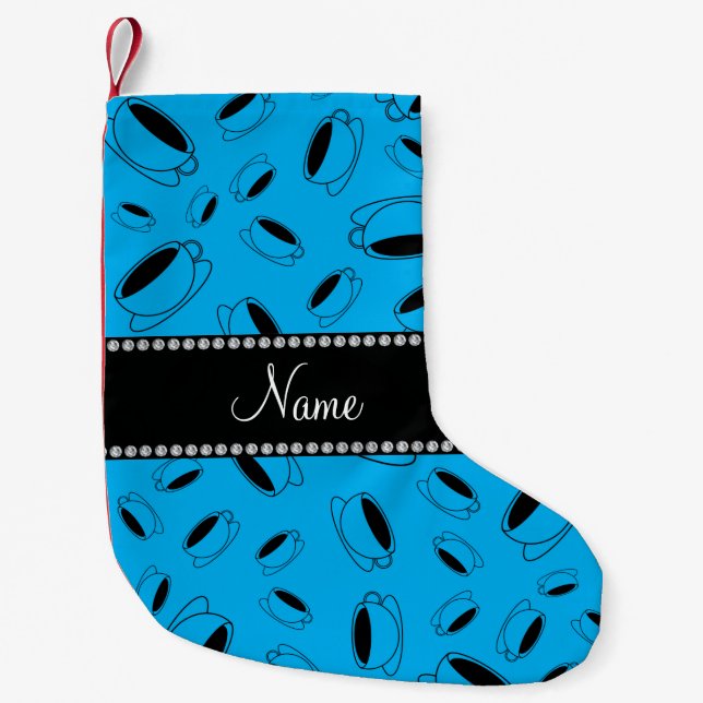 Personalised name sky blue coffee cup small christmas stocking (Front)