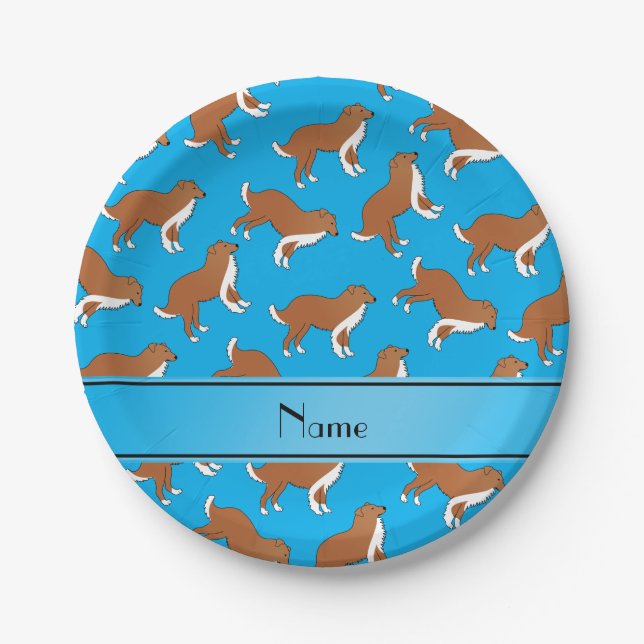Personalised name sky blue collie dog pattern paper plate (Front)