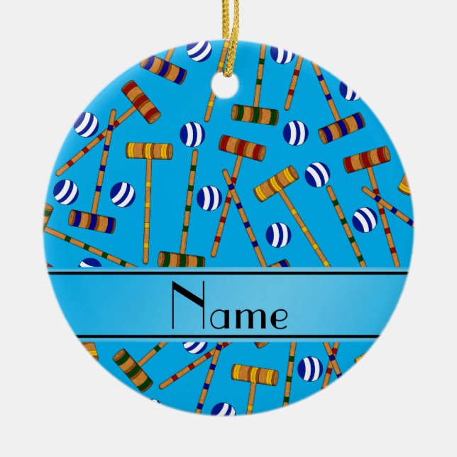 Personalised name sky blue croquet pattern ceramic tree decoration (Front)