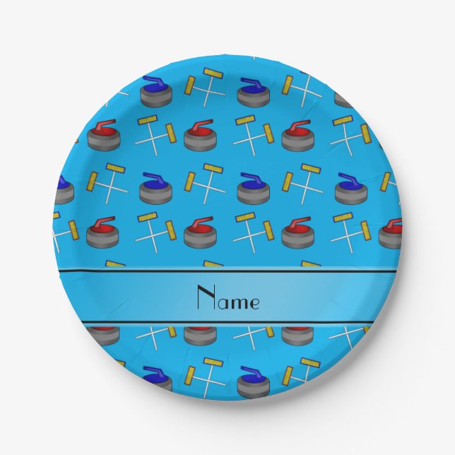 Personalised name sky blue curling pattern paper plate (Front)