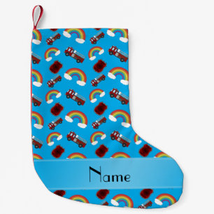 Personalised name sky blue fire trucks rainbows small christmas stocking