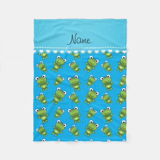 Personalised name sky blue frogs fleece blanket (Front)