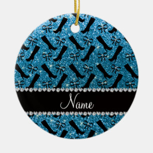 Personalised name sky blue glitter boots bows ceramic tree decoration