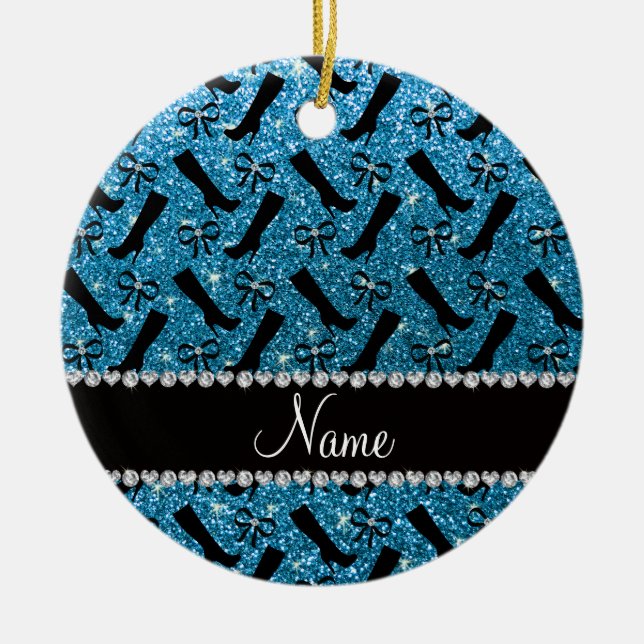 Personalised name sky blue glitter boots bows ceramic tree decoration (Front)