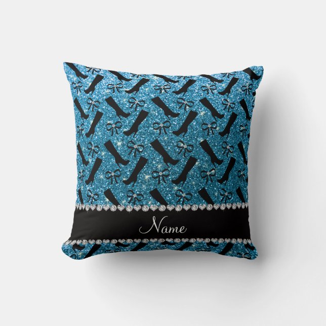 Personalised name sky blue glitter boots bows cushion (Front)