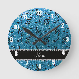 Personalised name sky blue glitter music notes round clock
