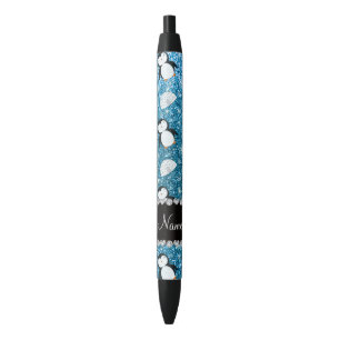 Personalised name sky blue glitter penguins igloos black ink pen