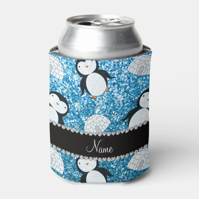 Personalised name sky blue glitter penguins igloos can cooler (Can Front)