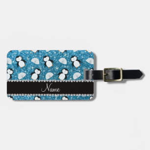 Personalised name sky blue glitter penguins igloos luggage tag