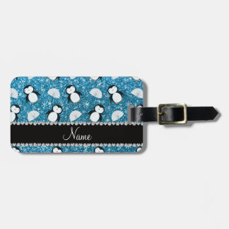 Personalised name sky blue glitter penguins igloos luggage tag