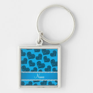 Personalised name sky blue leopard hearts key ring