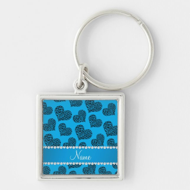 Personalised name sky blue leopard hearts key ring (Front)