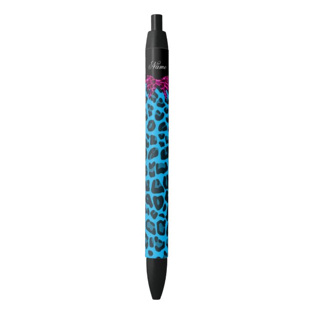 Personalised name sky blue leopard print pink bow black ink pen (Front Vertical)