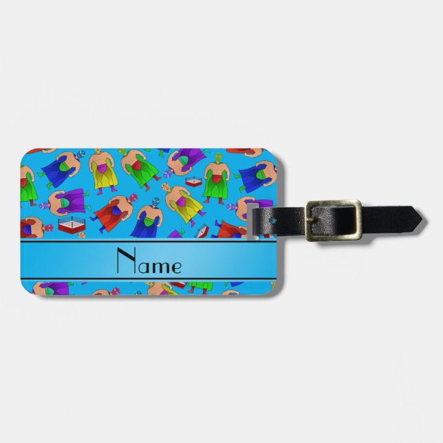 Personalised name sky blue mexican wrestling luggage tag (Front Horizontal)