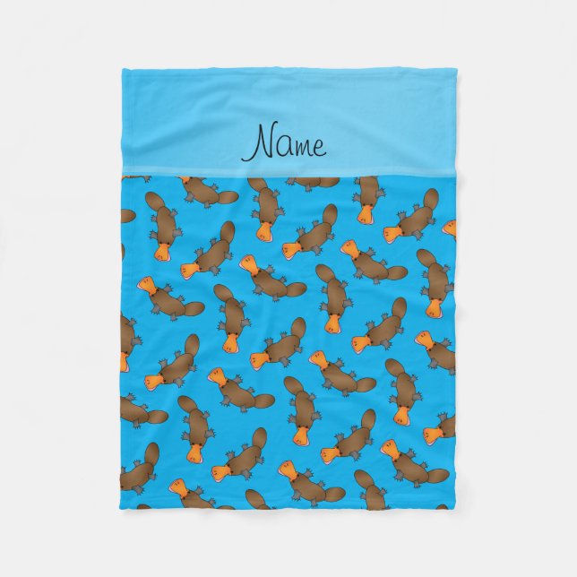 Personalised name sky blue platypus pattern fleece blanket (Front)