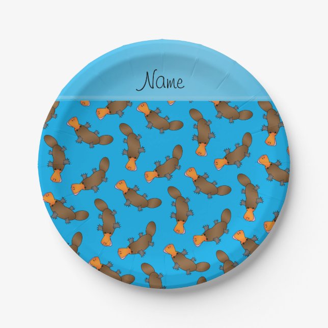 Personalised name sky blue platypus pattern paper plate (Front)
