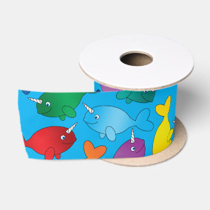 Personalised name sky blue rainbow narwhals satin ribbon