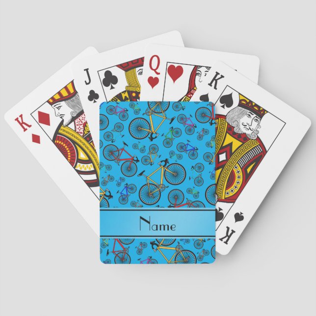 Personalised name sky blue road bikes playing cards (Back)