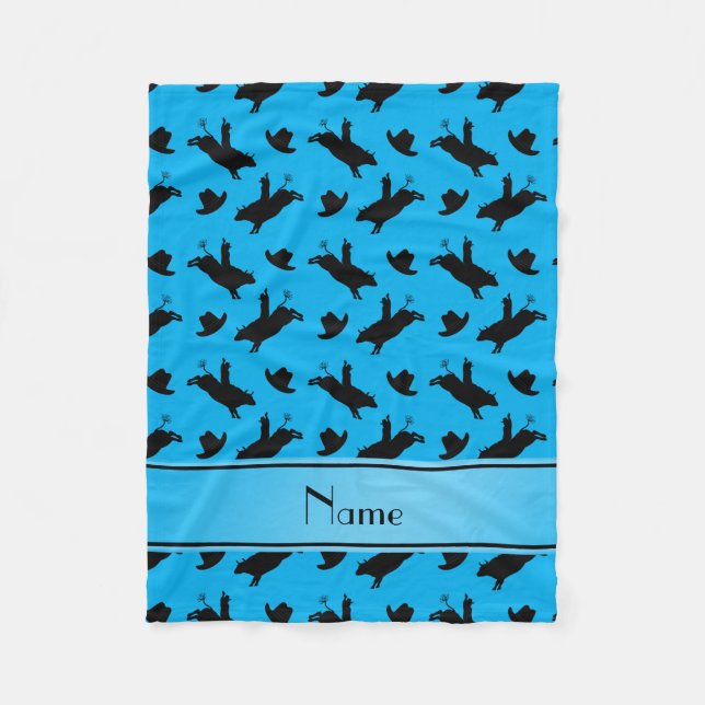 Personalised name sky blue rodeo bull riding fleece blanket (Front)