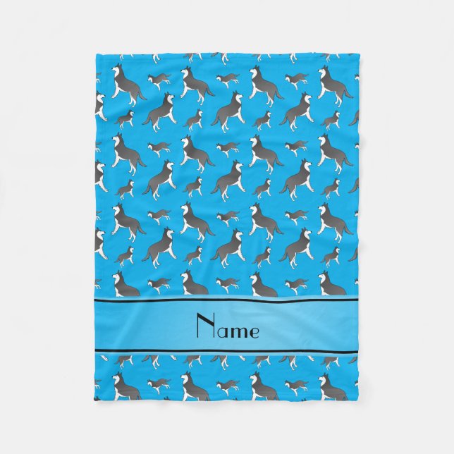 Personalised name sky blue siberian husky dogs fleece blanket (Front)