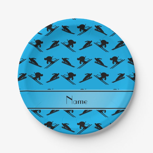 Personalised name sky blue ski pattern paper plate (Front)