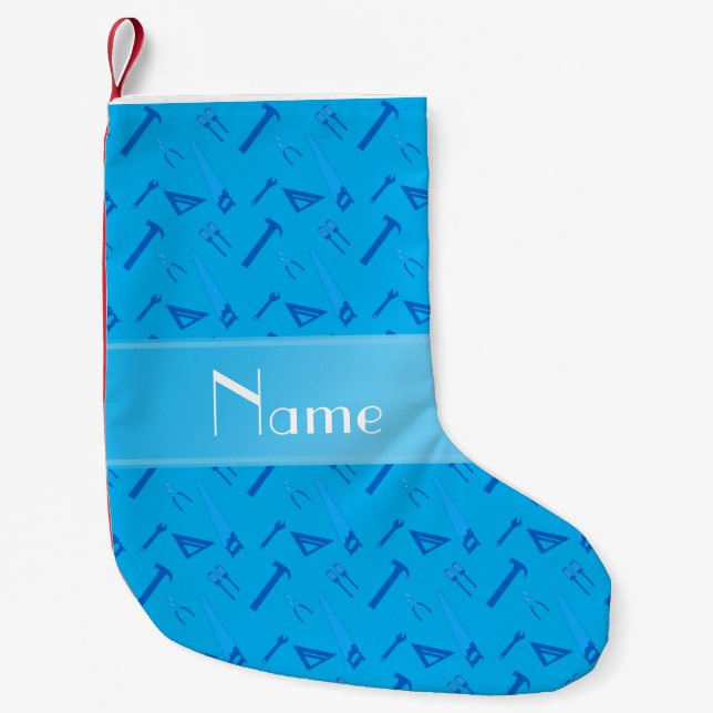 Personalised name sky blue tools small christmas stocking (Front)