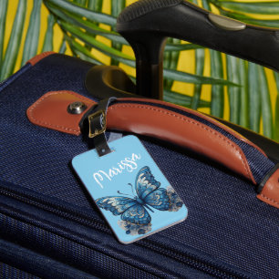 Personalised Name Sky Blue Tropical Butterfly  Luggage Tag