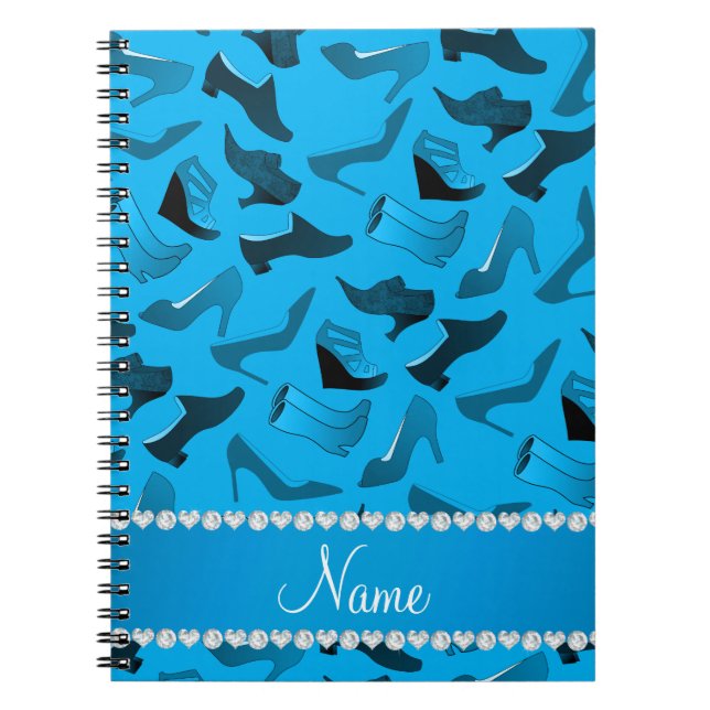 Personalised name sky blue women's shoes pattern spiral notebook (Front)