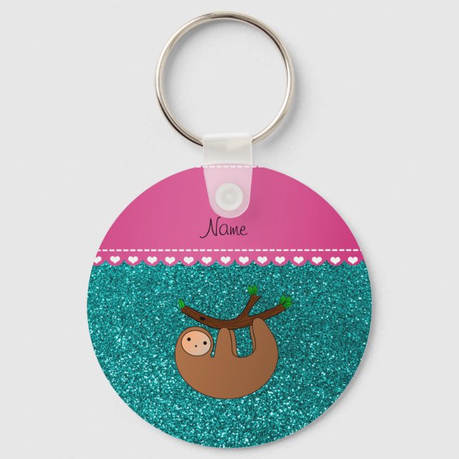 Personalised name sloth bright aqua glitter key ring (Front)