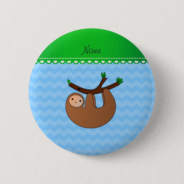 Personalised name sloth pastel blue chevrons 6 cm round badge (Front)