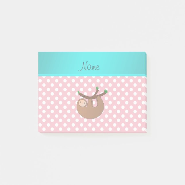 Personalised name sloth pink polka dots post-it notes (Front)