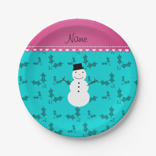 Personalised name snowman turquoise holly's paper plate