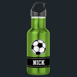 Personalised name soccer sports water bottle<br><div class="desc">Personalised monogram gift soccer sports water bottle. Green Stainles steel metallic colour. Sporty gift idea for coach, players, team mates and sports fans. Modern typography design with custom name, funny quote, slogan or monogram. Create your own unique monogrammed drink bottle. Suitable for men women and kids / children. Cute Birthday...</div>